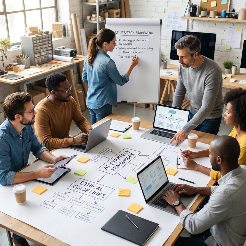 A team working through an AI plan together